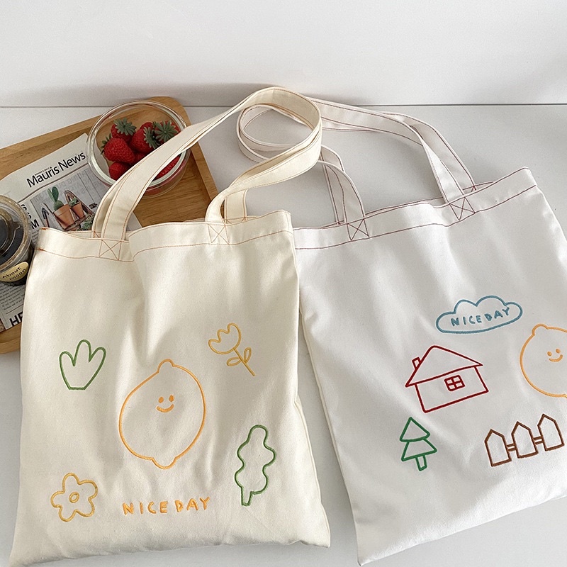 Túi tote họa tiết style Hàn quốc hình thêu(có sẵn)