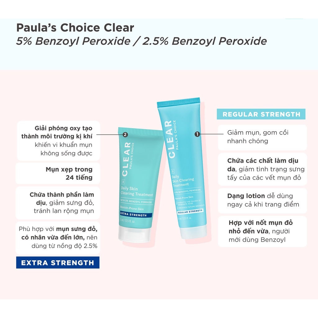 Kem chấm mụn Paula’s Choice Clear Extra Strength Daily Skin 5% benzoyl peroxide giảm sưng đỏ 15ml 6117