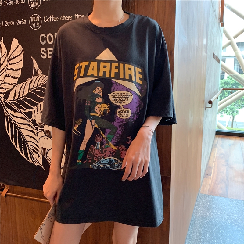 SUXI Áo tay ngắn cổ tròn form rộng phong cách Hàn Quốc năng động trẻ trung cho nữ