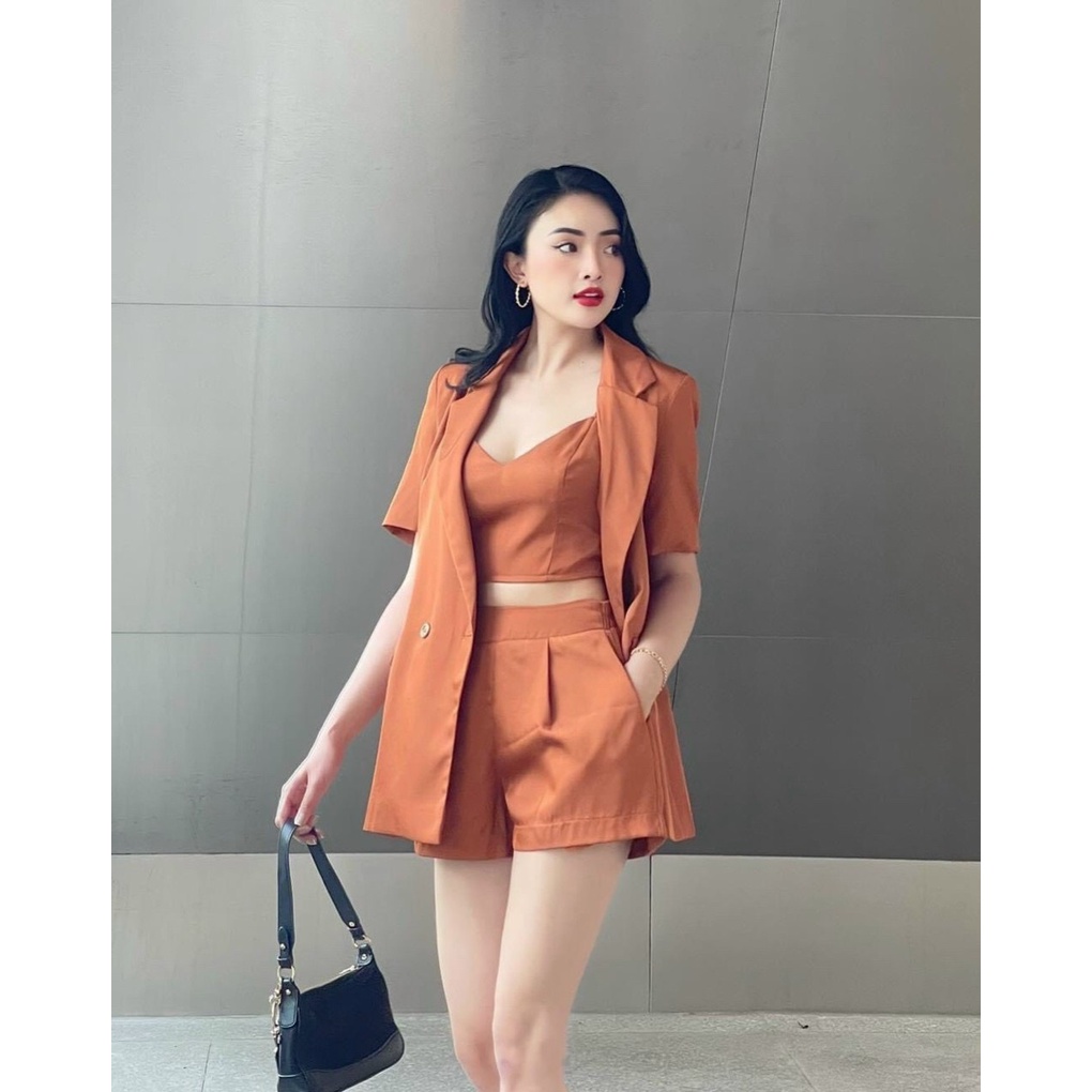 [9.9 Sales Freeship] Set bộ đùi nữ 3 món, set áo vest trơn màu tay ngắn mix quần short phồng kèm áo bra đi biển dx