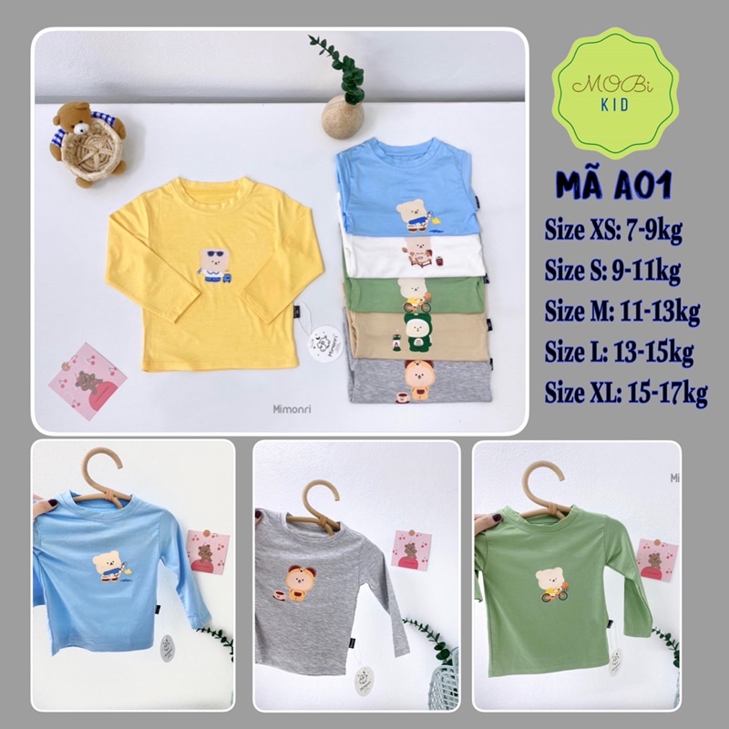 A01 Áo Dài Tay Thun Lạnh Mimonri In Gấu Dễ Thương cho bé 7kg đến 17kg