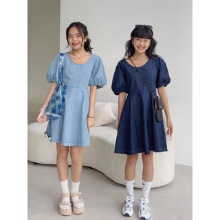 Đầm denim dáng xòe tay phồng 2 màu lenclothing 8642