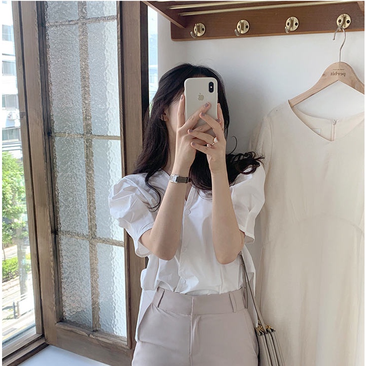 SUXI Áo Sơ Mi Tay Ngắn Cổ Chữ V Màu Trơn Phối Nút Đơn Giản Phong Cách Hàn Quốc Cho Nữ