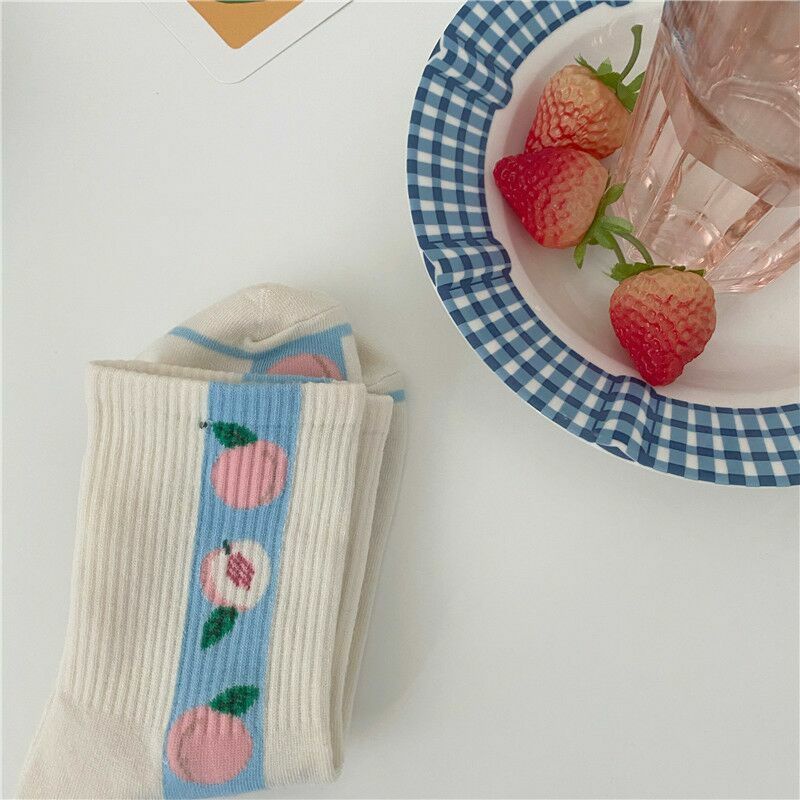Vớ Cotton Cổ Vừa In Họa Tiết Trái Đào Dễ Thương Phong Cách Hàn Quốc Cho Nữ