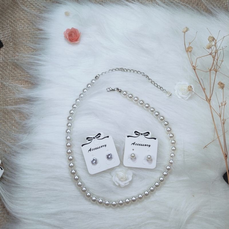 Bộ phụ kiện vòng cổ dây chuyền bông hoa tai đá nụ, giả hạt trai Nơ Là Shop
