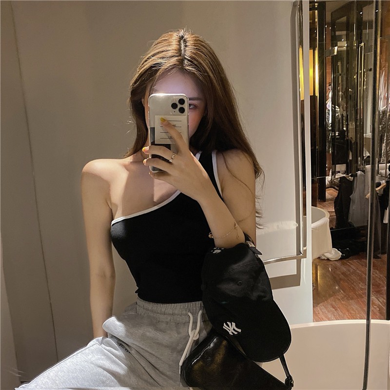 Cocory vn Single shoulder strap irregular hot girl sexy vest Women Fashion Off Shoulder Slim Crop top