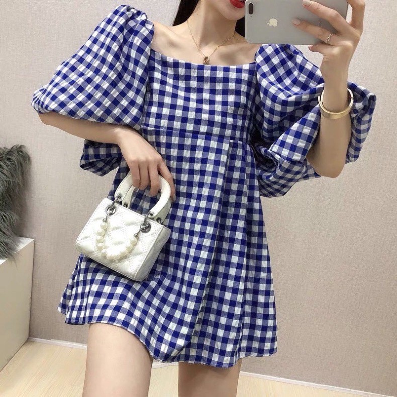 Váy babydoll kẻ xanh tay bồng dáng xòe vintage thời trang hàn quốc/ Đầm suông nữ trễ vai tiểu thư ulzzang