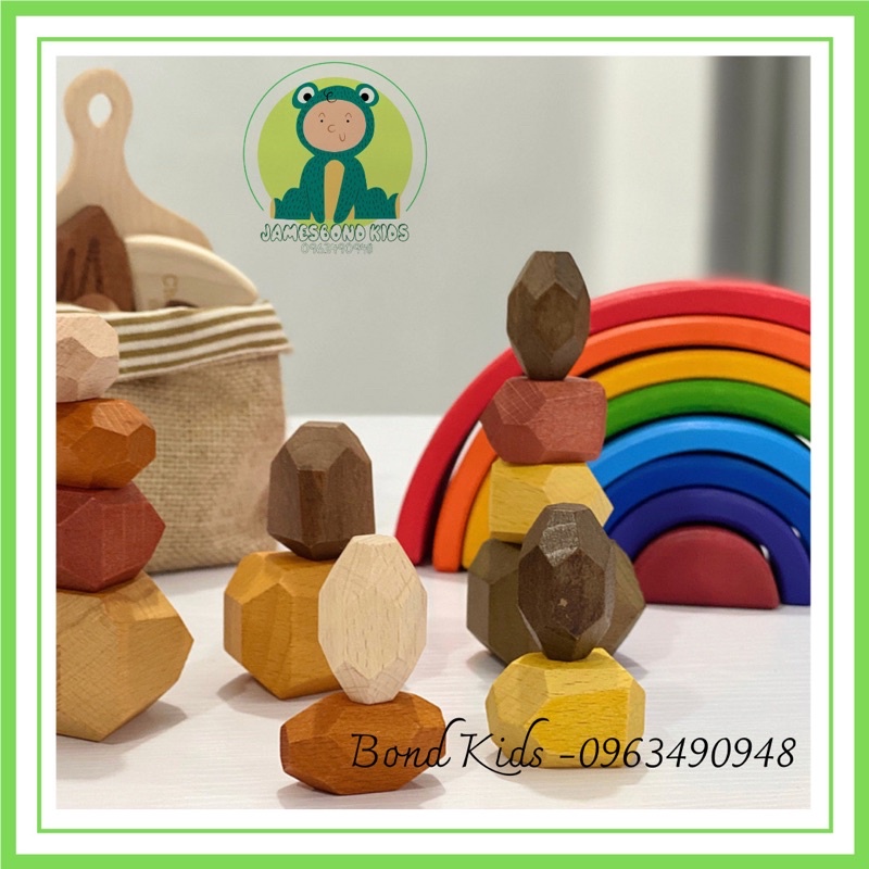 Bộ 15 khối đá gỗ (hàng sẵn) cân bằng Montessori cho bé yêu phát triển trí não- shop JamesBond Kids