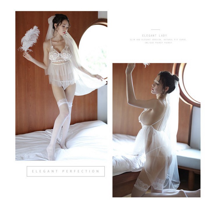 Váy ngủ cosplay cô dâu ren trắng xuyên thấu có thêu hoa cực đẹp | BigBuy360 - bigbuy360.vn
