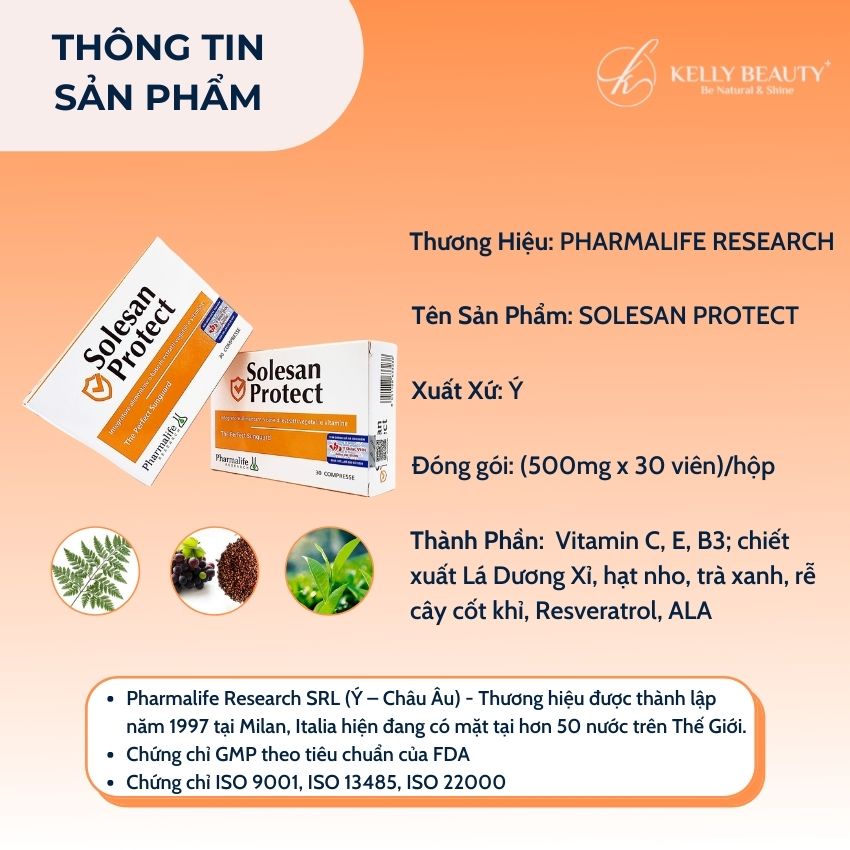 Viên Uống Chống Nắng Solesan Protect PHARMALIFE - Chống Nắng Nội Sinh, Làm Sáng Da, Hỗ Trợ Da Nám Sạm | KELLY BEAUTY