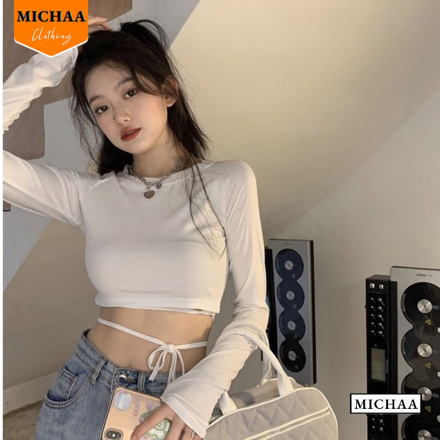 Áo Croptop Nữ Cổ Tròn TAY DÀI QUẤN BỤNG Ôm Body, Áo Thun Kiểu Sexy Chất Borip MICHAA CR71