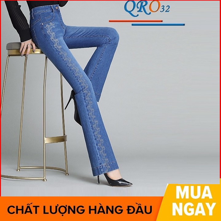 Quần jean nữ ống loe đẹp màu xanh thời trang hàng hiệu rosata qro32