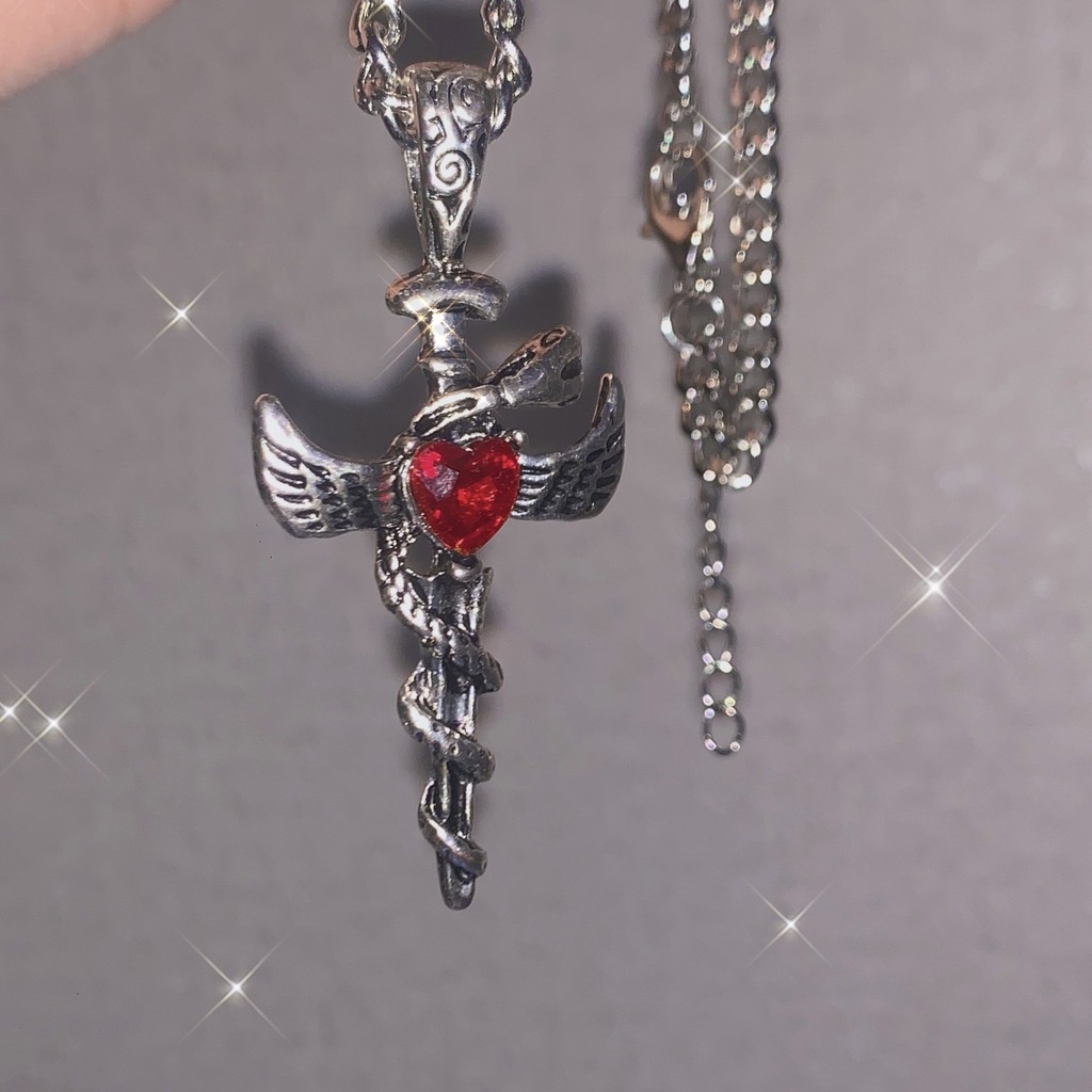 Dây chuyền mặt thánh giá màu đỏ phong cách punk độc đáo 19A1344