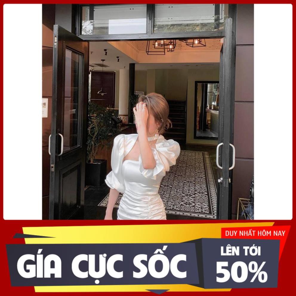 Đầm ôm body sexy tiểu thư tay bồng, chocker cổ (ảnh feedback khách ở cuối)