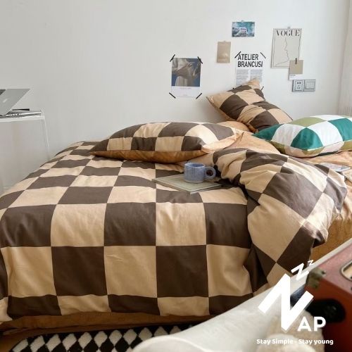 Bộ 4 Món Vỏ Chăn Ga Gối Cotton 100% Living Caro Nâu Phong Cách Hàn Quốc Vintage Sang Xịn Mịn Napbedding