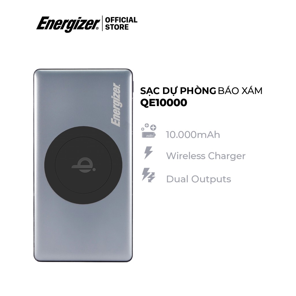 Pin dự phòng Energizer BÁO XÁM 10,000mAh tích hợp sạc không dây 5W - QE10000