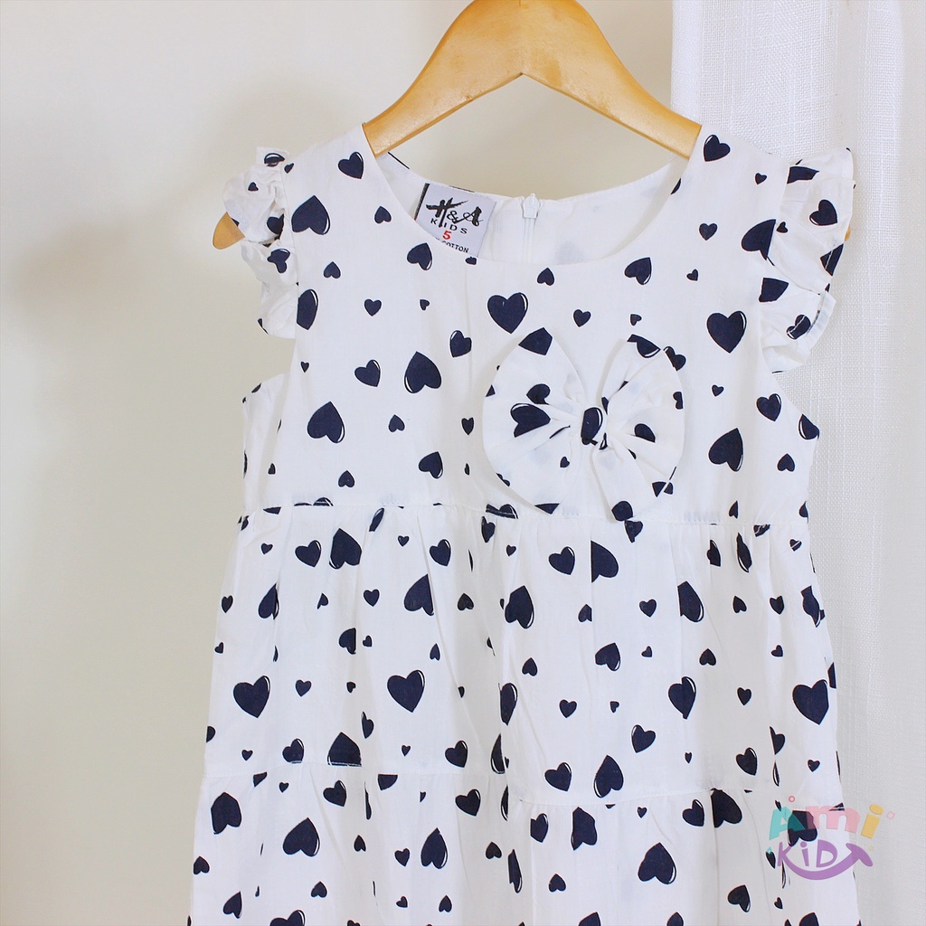 Đầm Bé Gái Họa Tiết Trái Tim Cổ Phối Nơ Xinh Xắn, Váy Babydoll 2 Tầng Tay Cánh Tiên Công Chúa Cho Tr