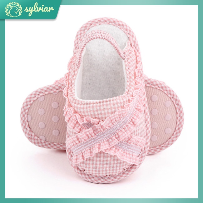 Đôi dép đi trong nhà vải cotton sọc ca rô phối viền bèo dành cho bé 0-18 tháng tuổi