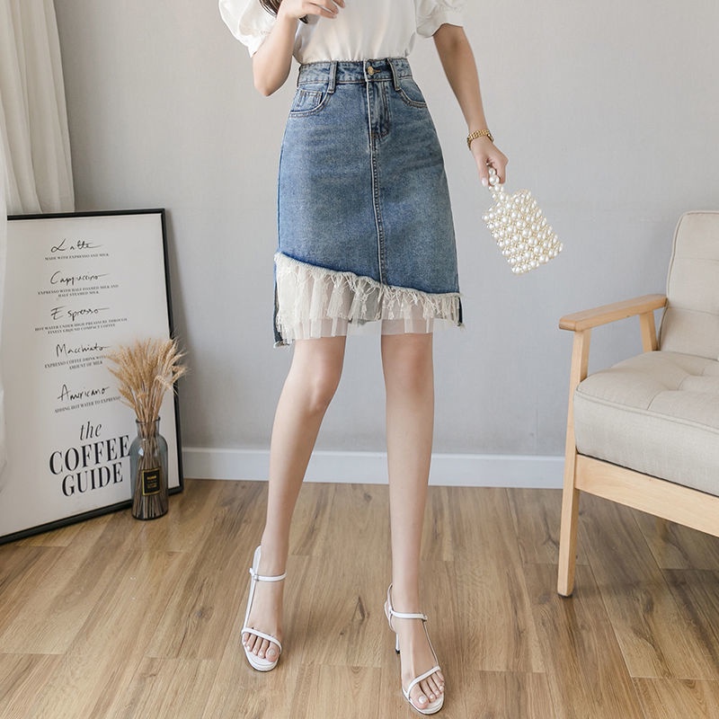 Chân Váy Denim Chữ a Lưng Cao Phối Ren Phong Cách Hàn Quốc Dễ Phối Đồ Thời Trang Cho Nữ