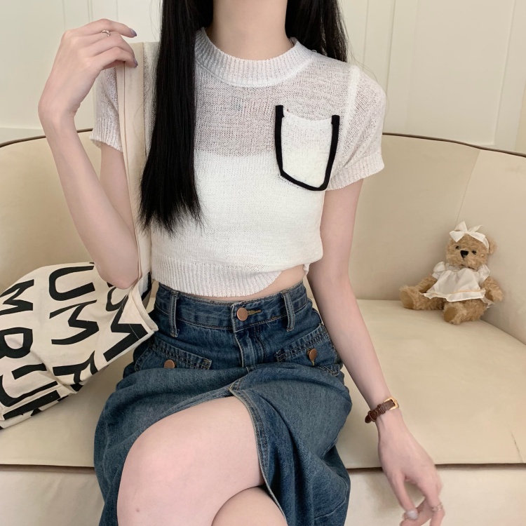 【ZHELIHANGFEI】Áo Dệt Kim Tay Ngắn Cổ Tròn Dễ Phối Đồ Hợp Thời Trang