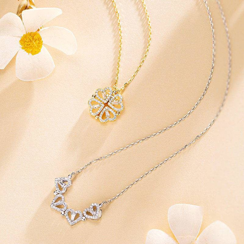 Dây chuyền nữ cỏ bốn lá bằng thép titan mạ bạc chia thành bốn trái tim，Vòng cổ kim cương vàng 18k