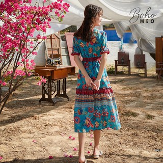 (CÓ SẴN) Váy boho ánh xanh cổ V