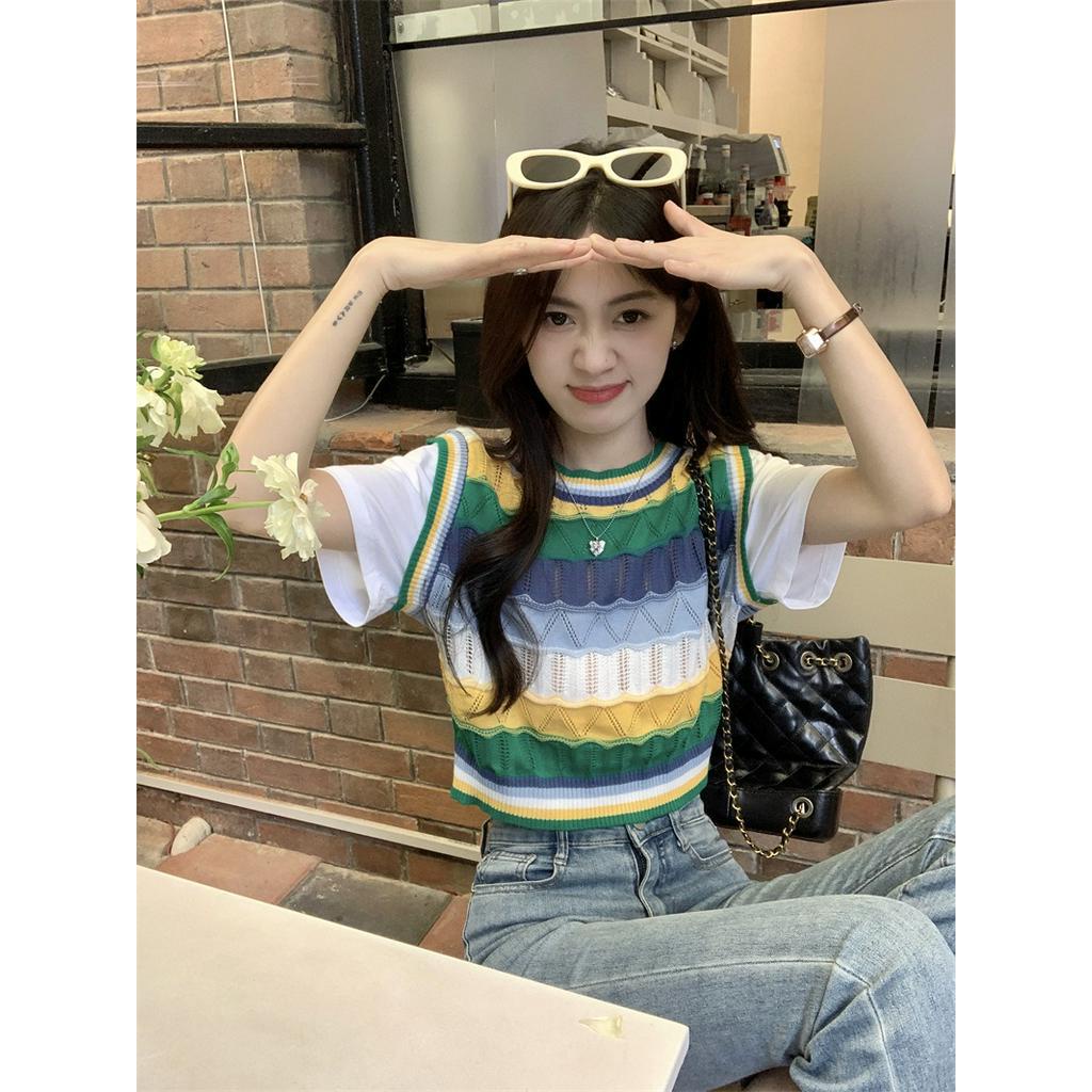 Áo Thun Ba Lỗ Vải Dệt Kim Kẻ Sọc Dáng Ngắn Thời Trang Cá Tính 63369