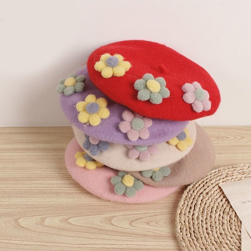 Mũ Beret 3 Hoa Thanh Lịch Cho Bé Gái Từ 2-7 Tuổi