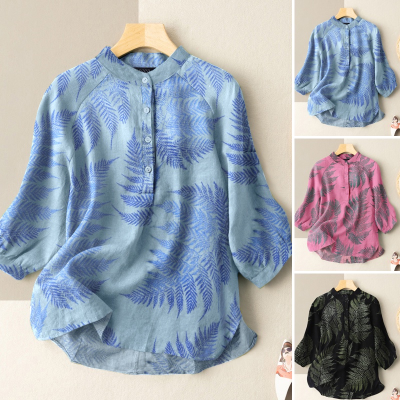 Áo kiểu ZANZEA dáng rộng tay lửng 3/4 cổ tròn họa tiết thực vật nhiệt đới mặc thường ngày