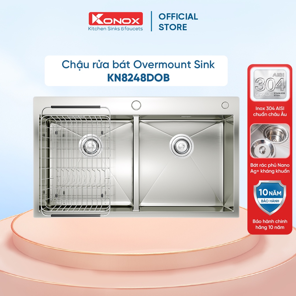 Chậu rửa bát inox KONOX Overmount Series KN8248DOB chất liệu inox 304AISI tiêu chuẩn châu Âu, tiêu chuẩn Quatest1