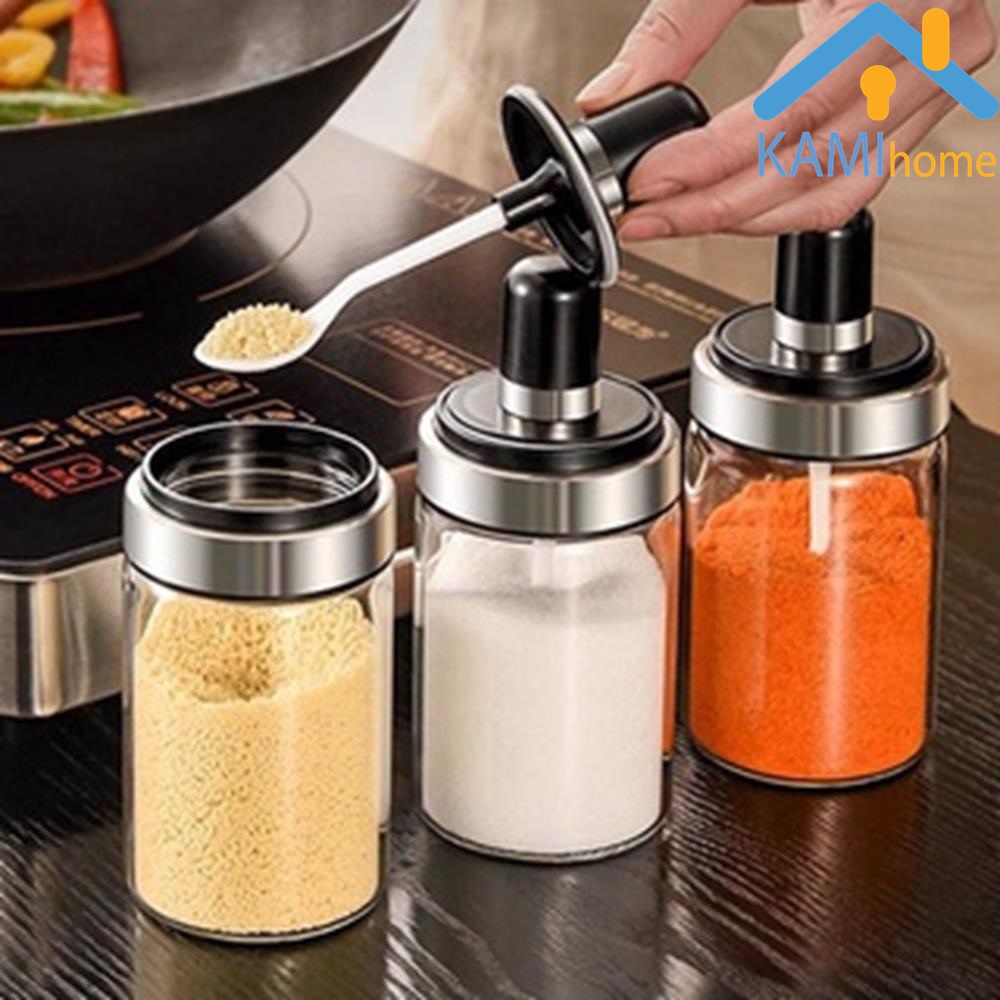Lọ đựng gia vị hũ thủy tinh có thìa xúc tiện lợi nắp xoáy giăng chống tràn nước hình Tròn mã 20082