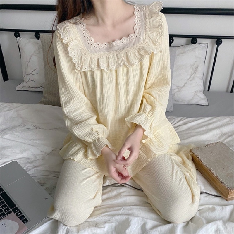 NEW SET BỘ MẶC NHÀ TIỂU THƯ CỔ VUÔNG PHỐI REN BE VÀNG rẻ nhất shopee