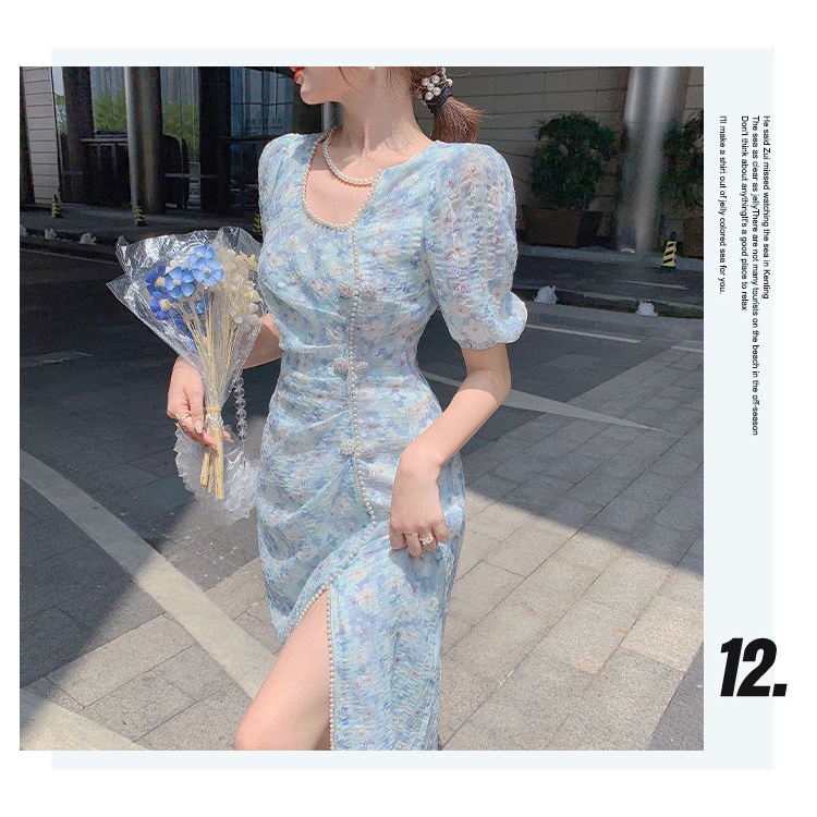 Đầm Tay Ngắn Màu Xanh Dương In Hoa Thời Trang Mùa Hè Phong Cách Pháp Hiện Đại Mới Cho Nữ | BigBuy360 - bigbuy360.vn