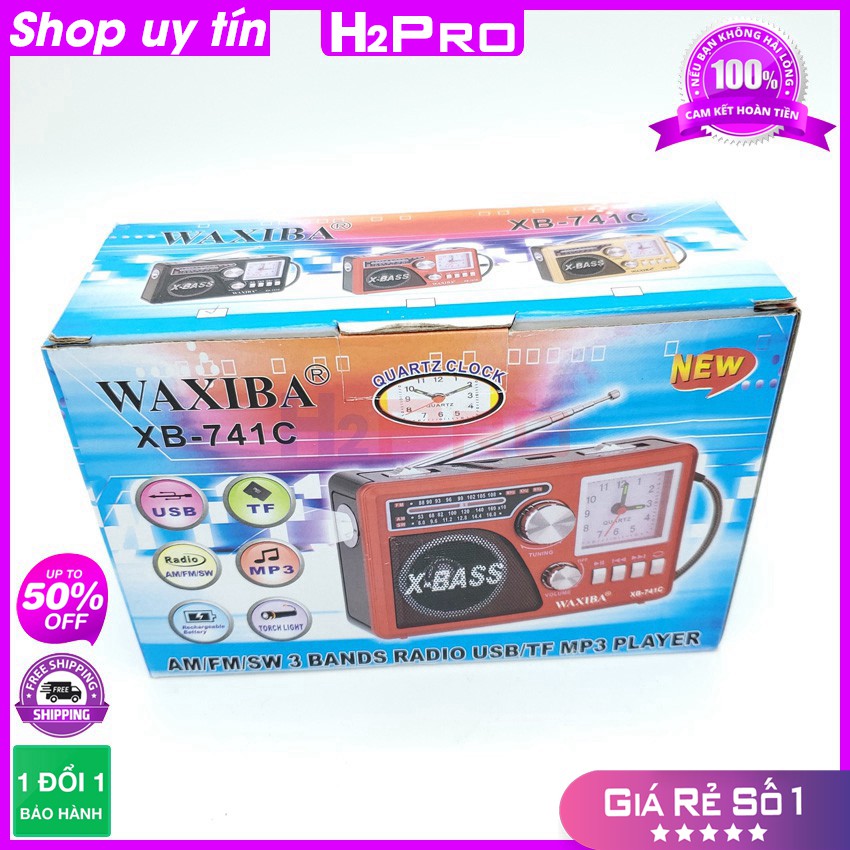 Đài Radio Nghe Nhạc, Đài Radio Waxiba XB-741C FM-AM-SW Cao Cấp-Usb-Thẻ Nhớ-Aux-Đèn Pin (Tặng Pin Sạc 18650)-H2Pro Audio