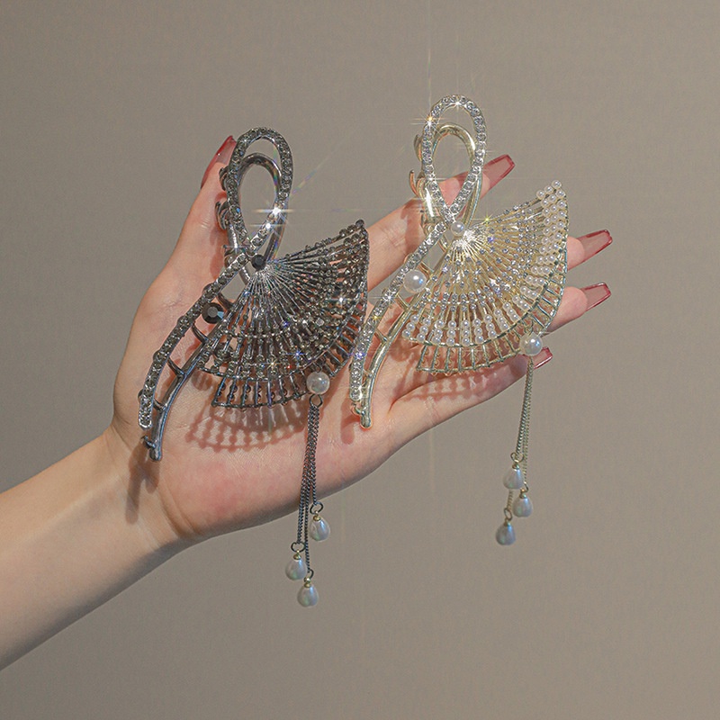 Kẹp Tóc Hình Quạt Đính Đá / Ngọc Trai Phối Tua Rua Thời Trang Đơn Giản Xinh Xắn