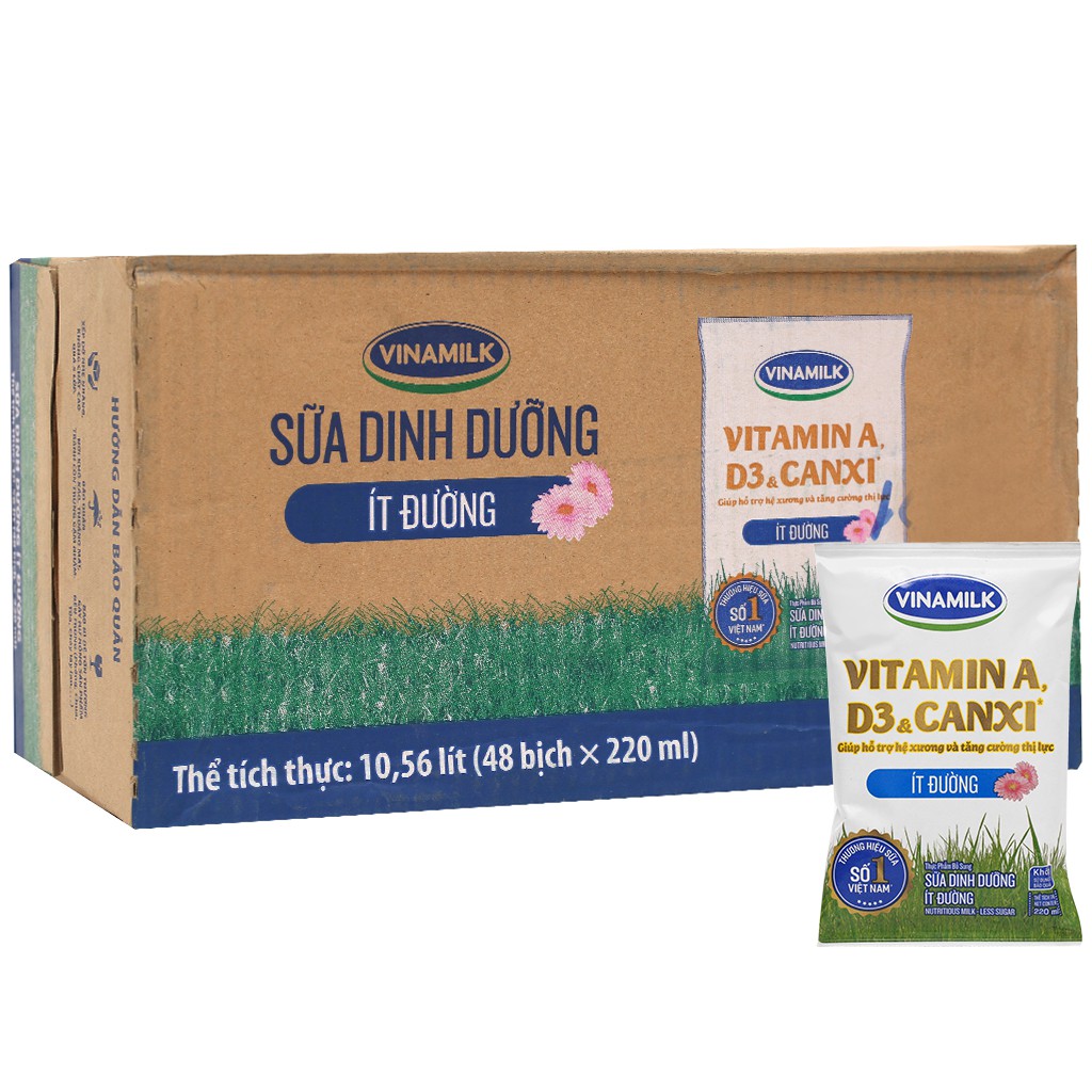 Thùng 48 bịch sữa dinh dưỡng có/ ít/ không đường Vinamilk A&D3 220ml