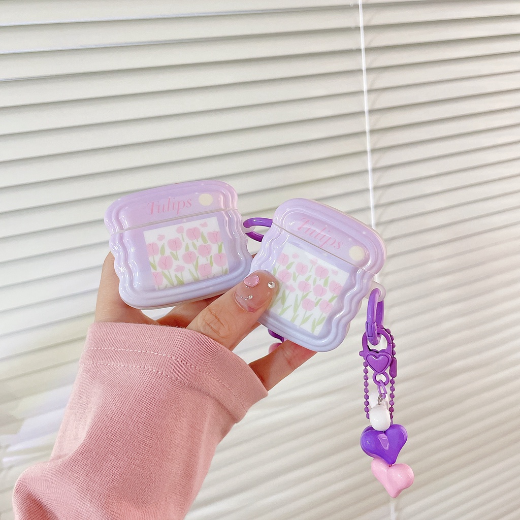 Vỏ Bảo Vệ Hộp Sạc Tai Nghe Bluetooth airpods 1 2 pro Bằng tpu Mềm Hình Hoa tulip Phối Dây Ruy Băng Tím Dễ Thương Mới