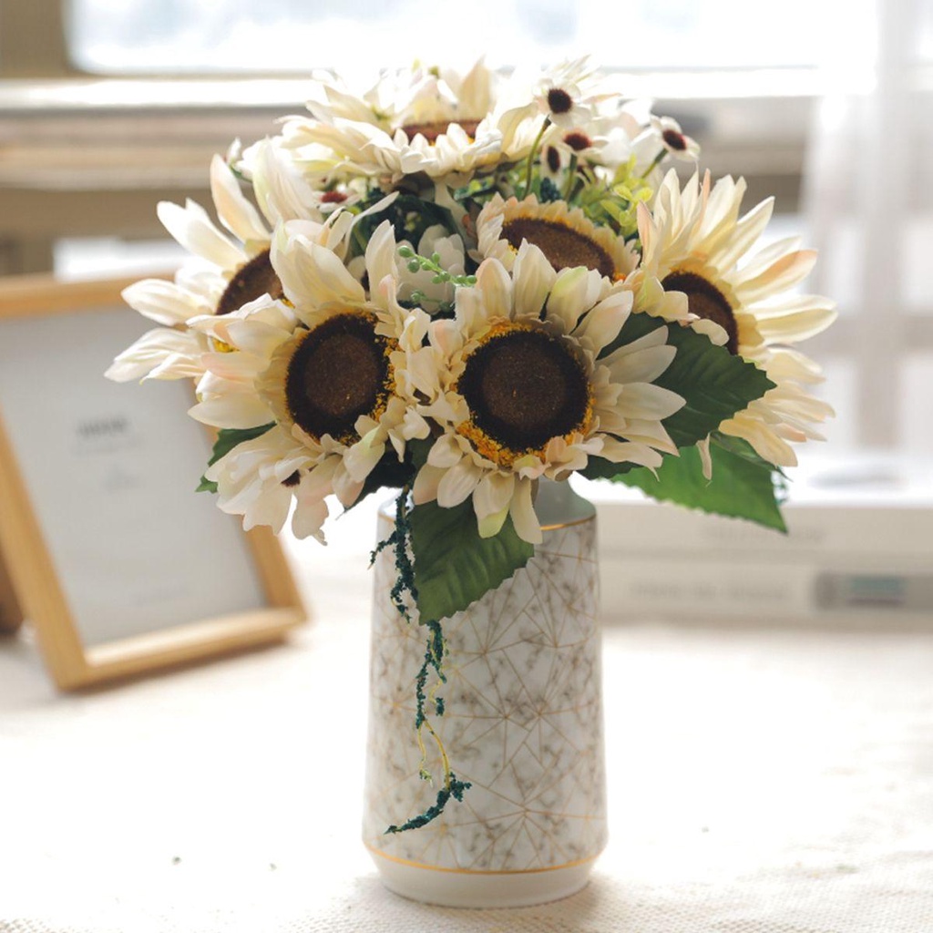 Vòng Hoa Hướng Dương Nhân Tạo Bằng Lụa Màu Ngà Phong Cách Cổ Điển DIY