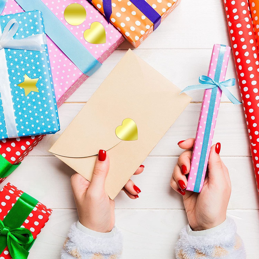 Bộ 500 Miếng Dán Hình Tròn / Trái Tim Màu Vàng Họa Tiết Chấm Bi Nhiều Màu Độc Đáo Trang Trí Niêm Phong Bao Bì Tiện Dụng