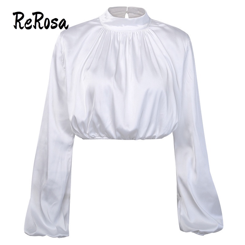ReRosa Phụ nữ 2022 Cổ cao Satin Màu Rắn Tính khí Đèn lồng Tay áo Thun mỏng không eo gợi cảm