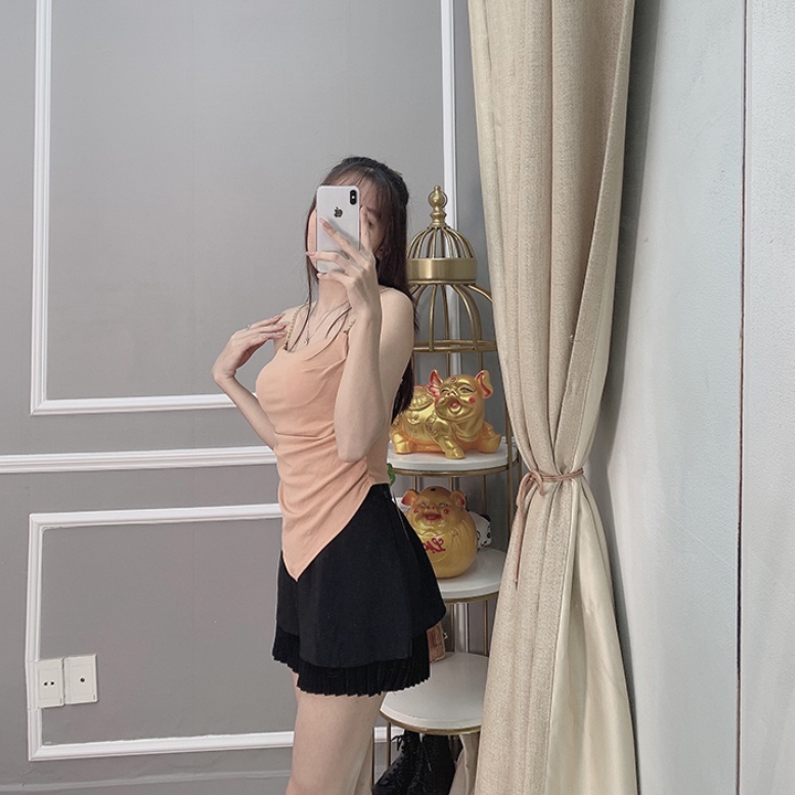 Set đồ nữ đi chơi áo 2 dây xích có mút ngực phối chân váy ngắn xòe xếp ly 2 tầng