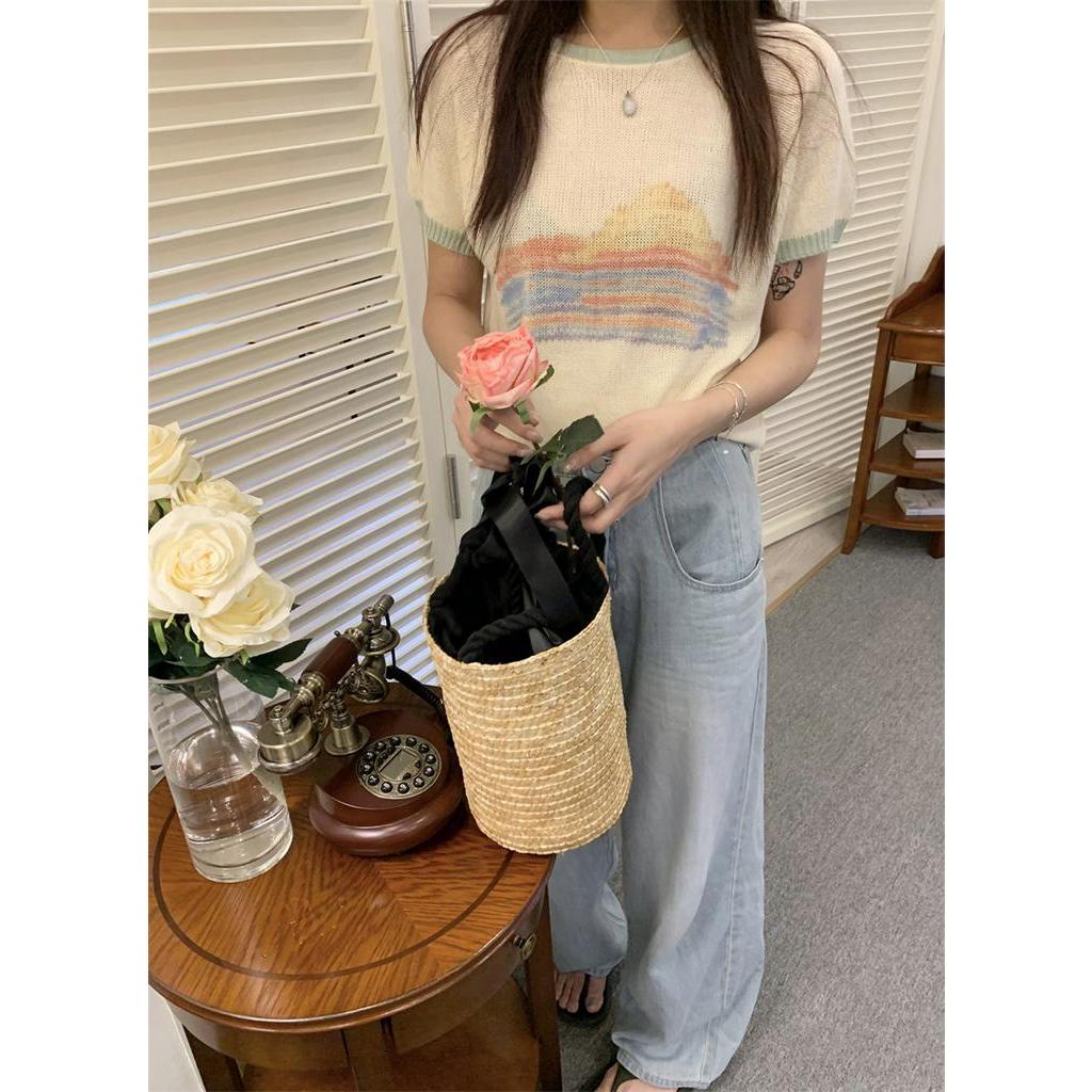 Áo Thun Dệt Kim Ngắn Tay In Họa Tiết Màu Sắc Hợp Thời Trang Hè 51937