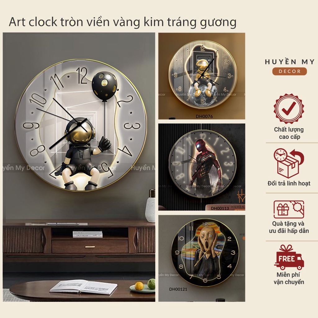 Tranh đồng hồ tròn tráng gương gấu bearbrick, kaws, phi hành gia