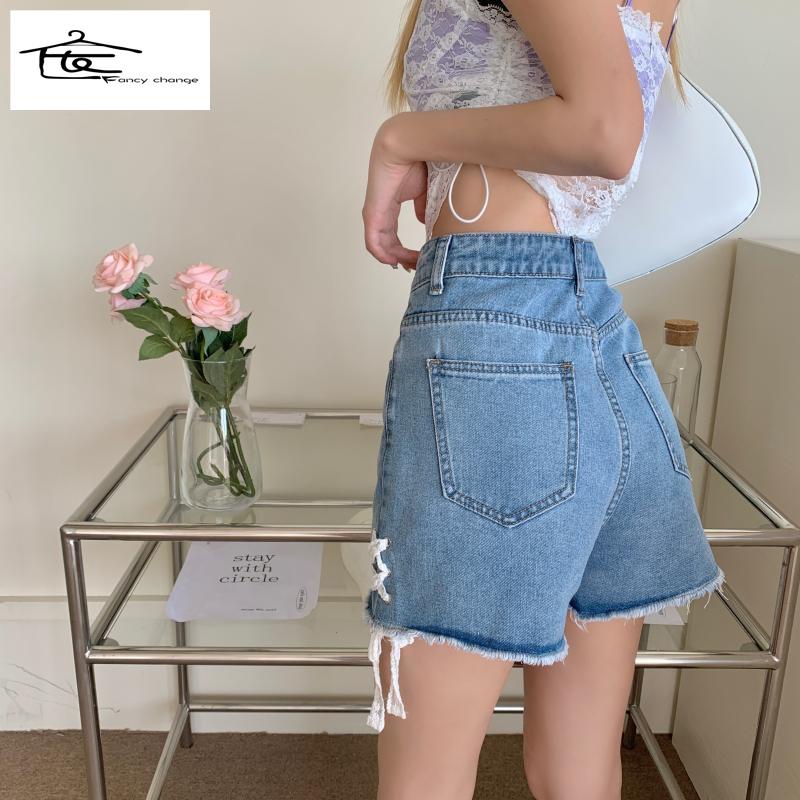 Quần Short Denim Lưng Cao Ống Rộng Phong Cách Hong Kong Thời Trang Mùa Hè Cho Nữ
