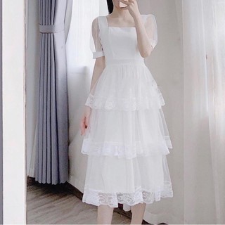 🌼🌼 đầm midi trắng ren tầng tay voan🌼🌼