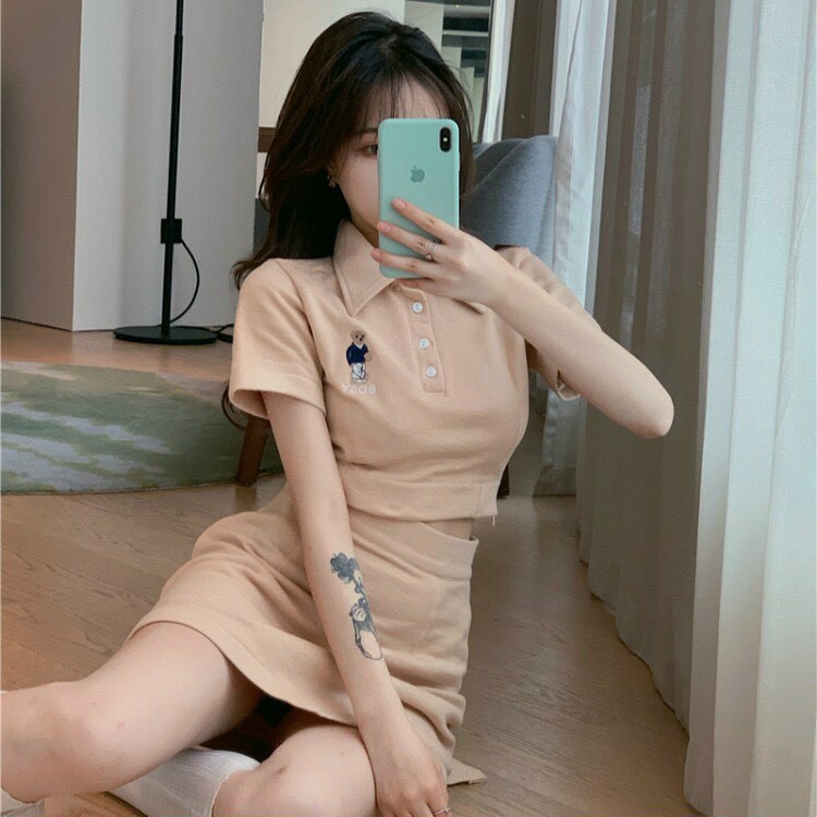 Sét bộ áo croptop thêu lính phối chân váy kèm lót cực xinh , chất thun  bozip mềm mịn co giãn
