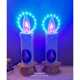 Cặp đèn nến điện có vòng hào quang LED trên đầu, hình dán Chúa Mẹ trang trí bàn thờ công giáo