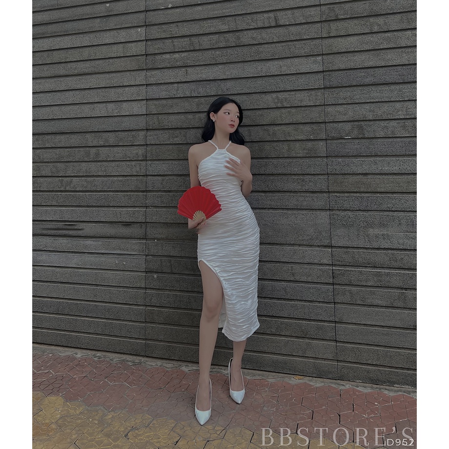 BBSTORE'S Đầm Body Cổ Yếm Xẻ Tà Váy Dài Thun Gợn Sóng Đi Tiệc Siêu Xinh   -D952