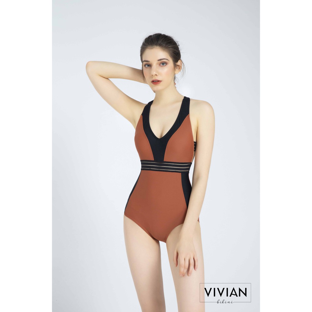 [Mã BMBAU50 giảm 50K đơn 150K] Đồ bơi Nữ VIVIAN kiểu Một mảnh cổ V phối màu cách điệu- màu Da Bò - VS128_BO