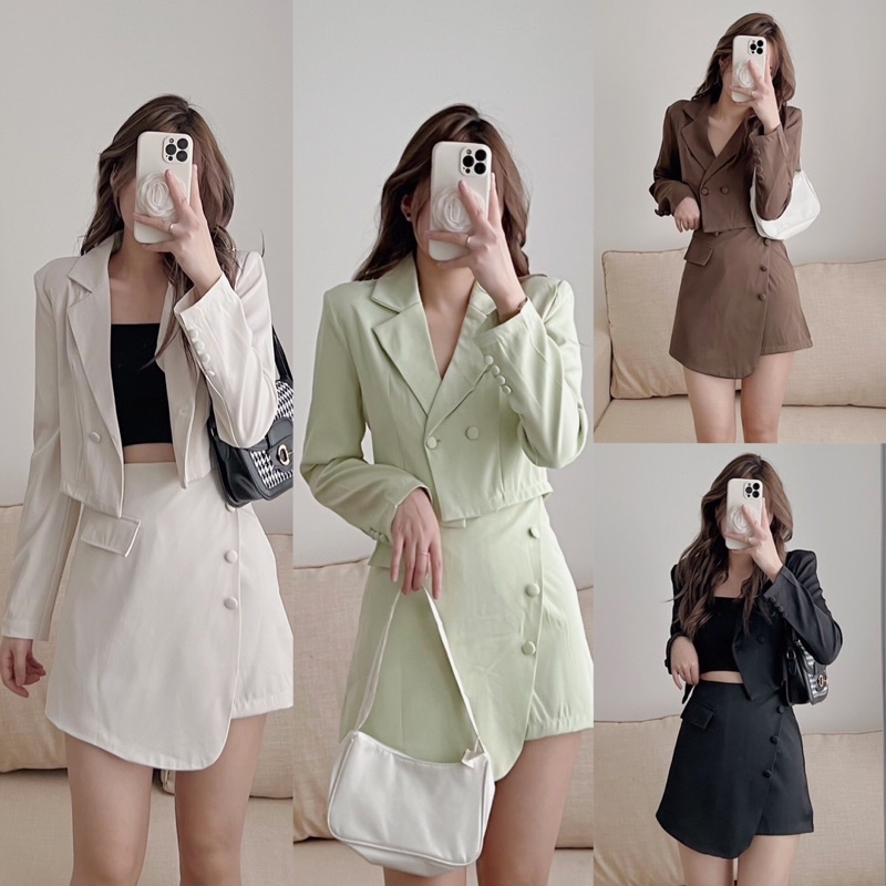 Set áo vest croptop phối quần váy cách điệu cúc bọc phong cách thanh lịch Hàn Quốc